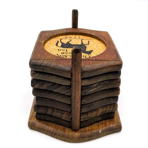 The Black Horse Inn 1794 Wood & Cork Coasters Vintage Set of 7 Japan VTG Barware - Picture 3 of 4